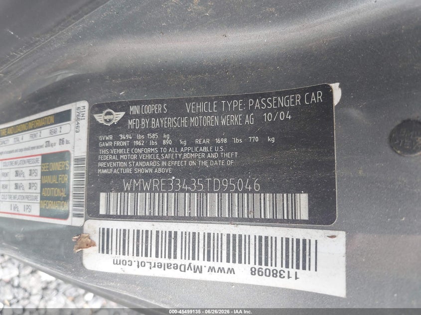 2005 Mini Cooper VIN WMWRE33435TD95046 IAAI salvage auction — NORMAL WEAR, Salvage (Texas), sold $500 on 2026-08-18 (photo 9)