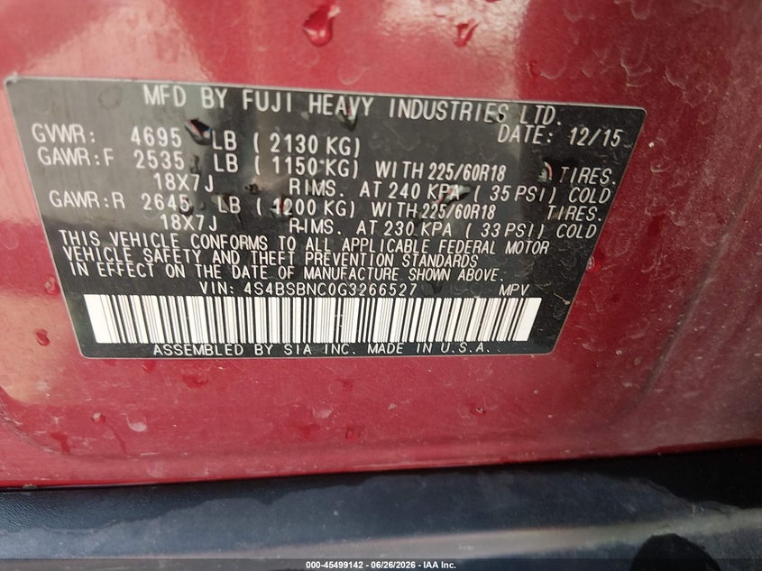 2016 Subaru Outback VIN 4S4BSBNC0G3266527 IAAI salvage auction — HAIL, Salvage (Kansas), sold $3,800 on 2026-07-31 (photo 9)