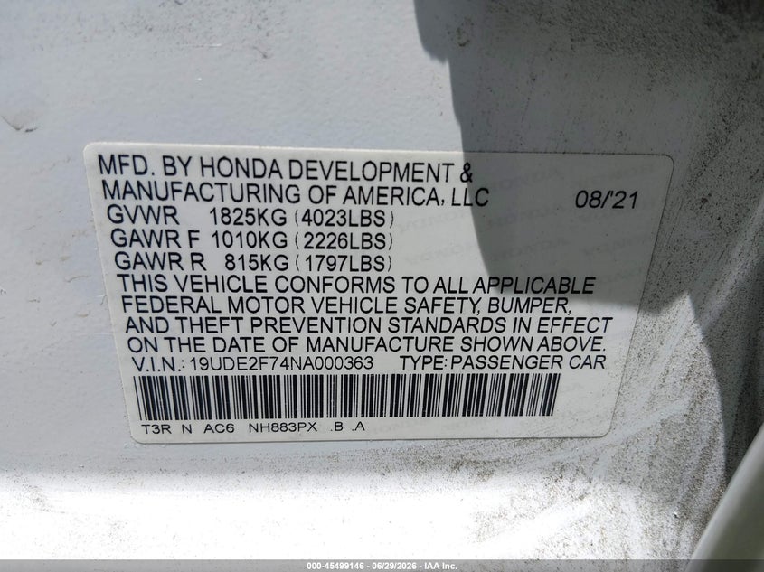 2022 Acura Ilx VIN 19UDE2F74NA000363 IAAI salvage auction — REAR END, Salvage Title, sold $3,650 on 2026-07-24 (photo 9)
