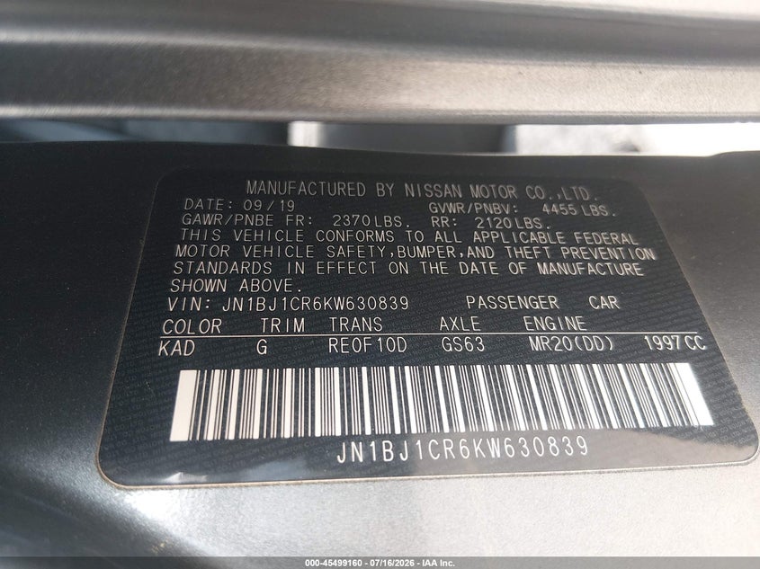 2019 Nissan Rogue sport VIN JN1BJ1CR6KW630839 IAAI salvage auction — REAR END, Salvage (Connecticut), sold $2,550 on 2026-07-23 (photo 9)
