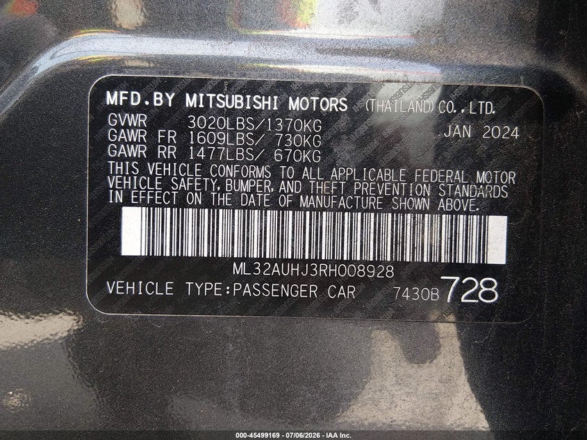2024 Mitsubishi Mirage VIN ML32AUHJ3RH008928 IAAI salvage auction — FRONT END, Salvage (North Carolina), sold $2,350 on 2026-07-27 (photo 9)