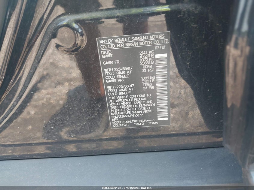 2018 Nissan Rogue VIN KNMAT2MVXJP610672 IAAI salvage auction — RIGHT FRONT, Salvage Title, sold $2,700 on 2026-07-28 (photo 9)
