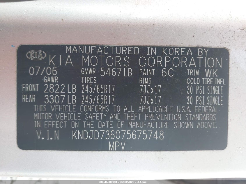 2007 Kia Sorento VIN KNDJD736075675748 IAAI salvage auction — NORMAL WEAR, Clear (Alabama), sold $650 on 2026-07-06 (photo 9)