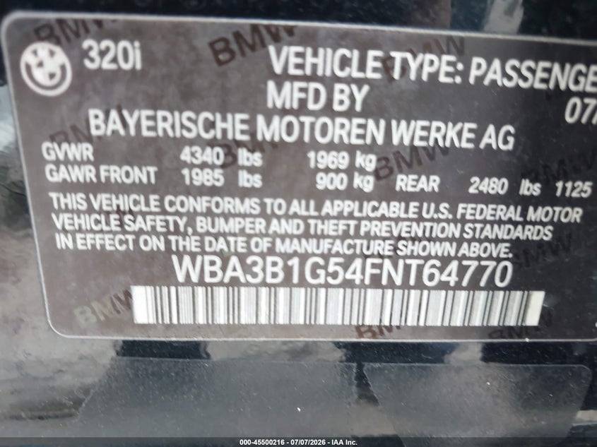 2015 BMW 3er VIN WBA3B1G54FNT64770 IAAI salvage auction — WATER/FLOOD, Salvage (Texas), sold $550 on 2026-07-29 (photo 9)