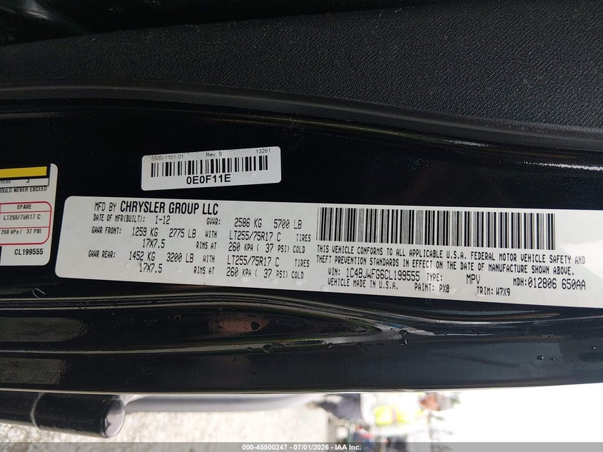 2012 Jeep Wrangler / VIN 1C4BJWFG6CL199555 IAAI salvage auction — FRONT END, Salvage Title, sold $9,200 on 2026-08-01 (photo 9)