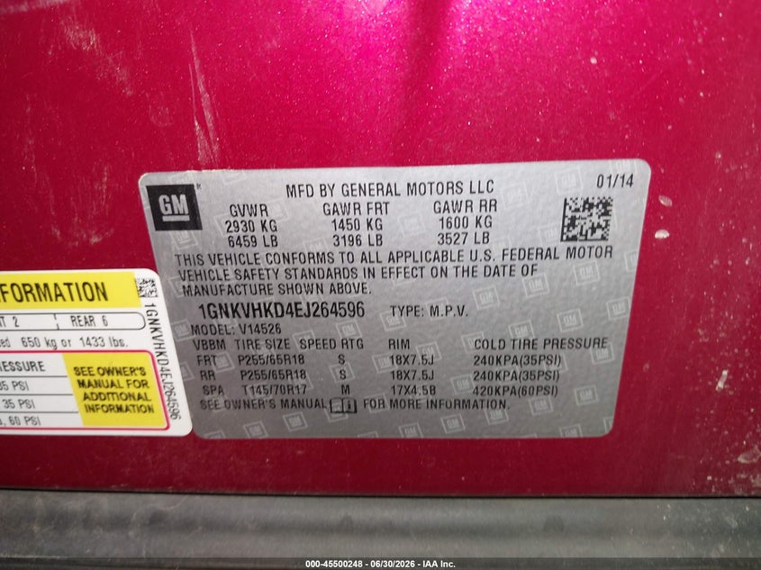 2014 Chevrolet Traverse VIN 1GNKVHKD4EJ264596 IAAI salvage auction — SIDE, Salvage (Pennsylvania), sold $425 on 2026-07-11 (photo 9)