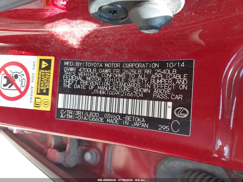 2015 Lexus ES VIN JTHBK1GG9F2166704 IAAI salvage auction — FRONT & REAR, Salvage (Mississippi), sold $2,900 on 2026-07-29 (photo 9)