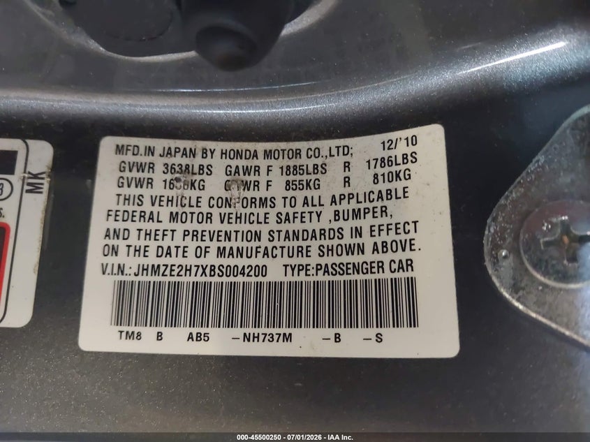2011 Honda Insight VIN JHMZE2H7XBS004200 IAAI salvage auction — THEFT, Clear (Michigan), sold $300 on 2026-07-28 (photo 9)