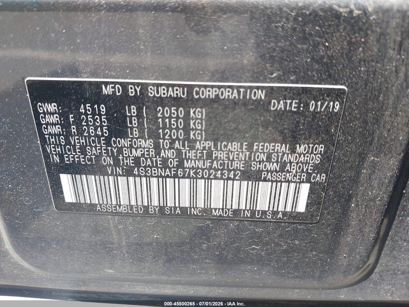 2019 Subaru LEGACY VIN 4S3BNAF67K3024342 IAAI salvage auction — REAR END, Salvage Title, sold $2,550 on 2026-07-22 (photo 9)