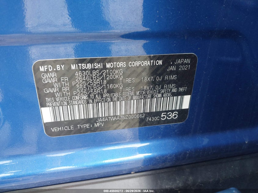 2022 Mitsubishi Eclipse cross VIN JA4ATWAA7NZ000662 IAAI salvage auction — LEFT FRONT, Salvage (Pennsylvania), sold $6,100 on 2026-07-26 (photo 9)
