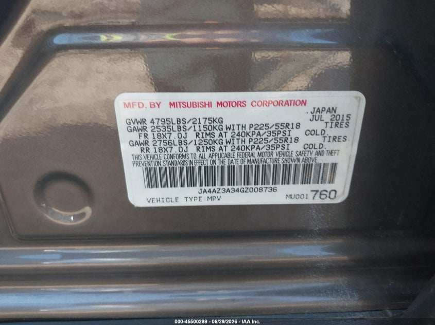 2016 Mitsubishi Outlander VIN JA4AZ3A34GZ008736 IAAI salvage auction — FRONT END, Mv-907A (New York), sold $2,350 on 2026-07-22 (photo 9)