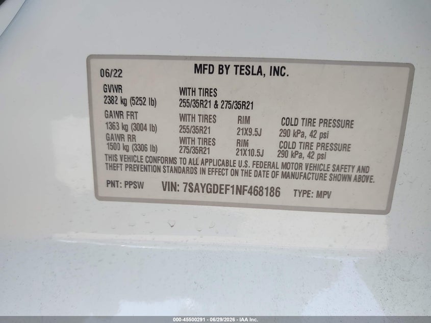 2022 Tesla Model y VIN 7SAYGDEF1NF468186 IAAI salvage auction — SIDE, Wait Title, sold $13,100 on 2026-09-05 (photo 9)