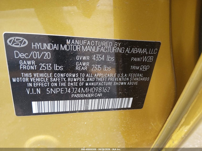 2021 Hyundai Sonata VIN 5NPEJ4J24MH098162 IAAI salvage auction — FRONT END, Clear (South Carolina), sold $2,850 on 2026-07-22 (photo 9)