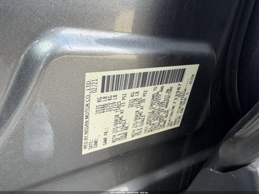 2021 Nissan Rogue VIN 5N1AT3BA7MC733987 IAAI salvage auction — REAR END, Clear (New York), sold $5,100 on 2026-07-29 (photo 9)