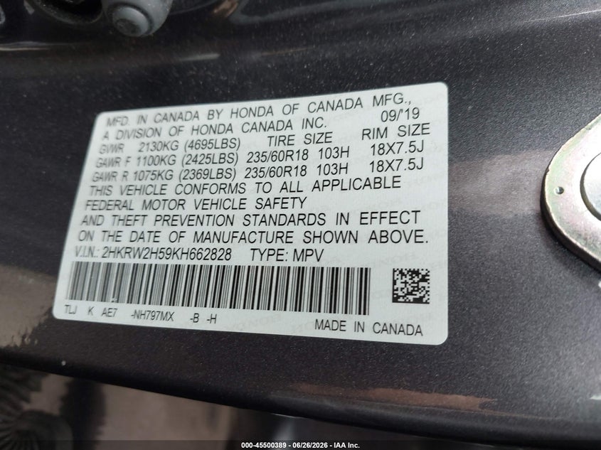 2019 Honda Cr-v VIN 2HKRW2H59KH662828 IAAI salvage auction — FRONT END, Clear (Michigan), sold $3,200 on 2026-07-27 (photo 9)