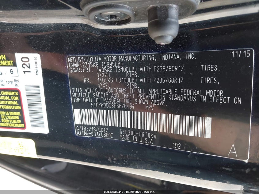 2015 Toyota Sienna VIN 5TDYK3DC8FS676494 IAAI salvage auction — REAR END, Salvage Title, sold $4,025 on 2026-08-01 (photo 9)