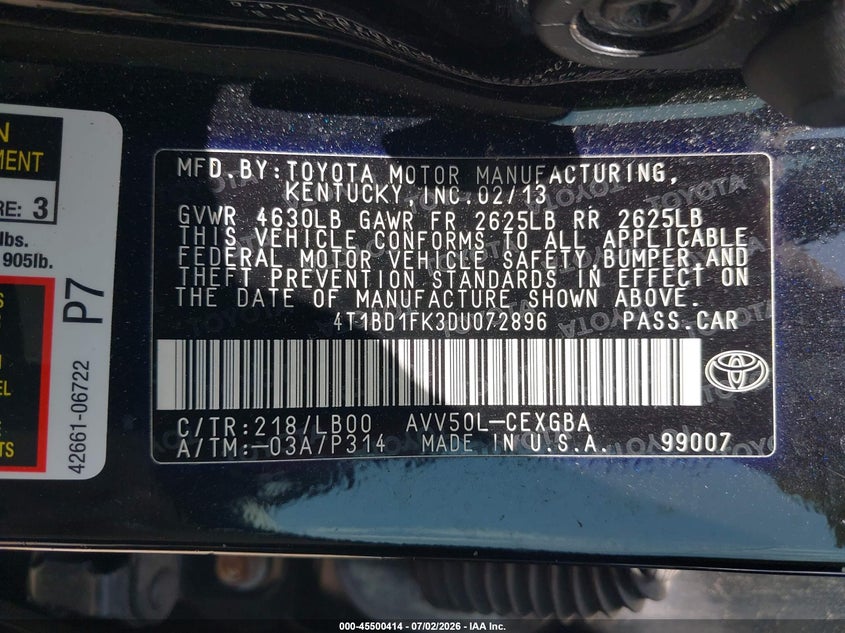 2013 Toyota Camry VIN 4T1BD1FK3DU072896 IAAI salvage auction — REAR END, Salvage - Greater Than 75% (Maryland), sold $1,350 on 2026-07-25 (photo 9)