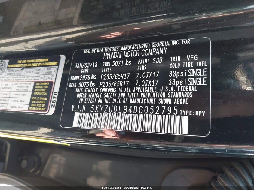 2013 Hyundai Santa fe VIN 5XYZUDLB4DG052795 IAAI salvage auction — TOTAL BURN, Bill Of Sale Destruction Only - Salvage (Ohio), sold $25 on 2026-07-28 (photo 9)
