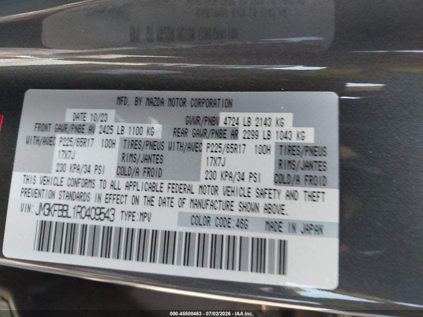 2024 Mazda Cx-5 VIN JM3KFBBL1R0409543 IAAI salvage auction — RIGHT FRONT, Wait Title, sold $7,200 on 2026-08-21 (photo 9)