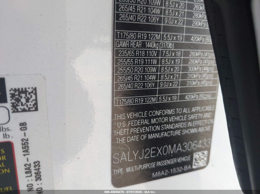 2021 Land rover Range rover velar VIN SALYJ2EX0MA306433 IAAI salvage auction — MECHANICAL, Salvage Title, sold $4,000 on 2026-07-30 (photo 9)