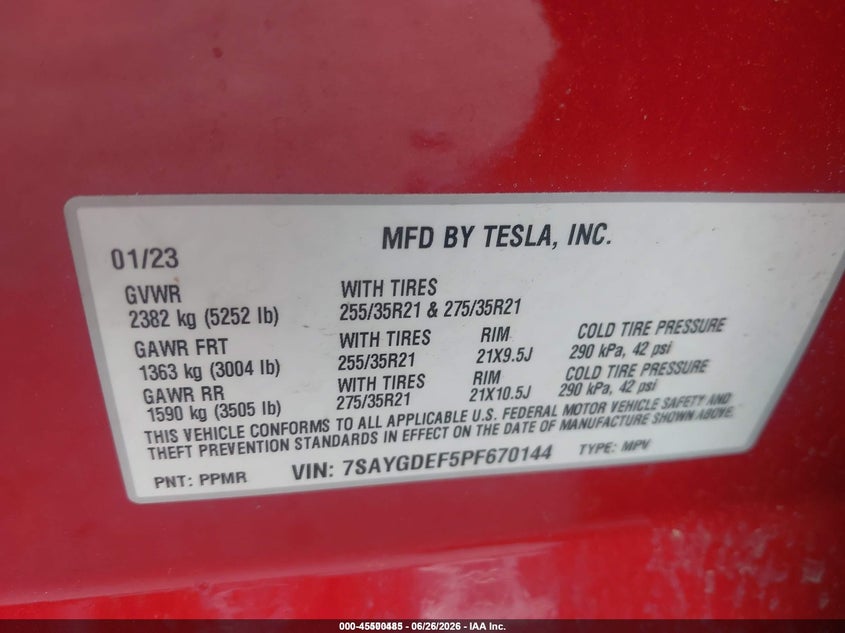 2023 Tesla Model y VIN 7SAYGDEF5PF670144 IAAI salvage auction — FRONT END, Clear (Georgia), sold $7,725 on 2026-07-15 (photo 9)