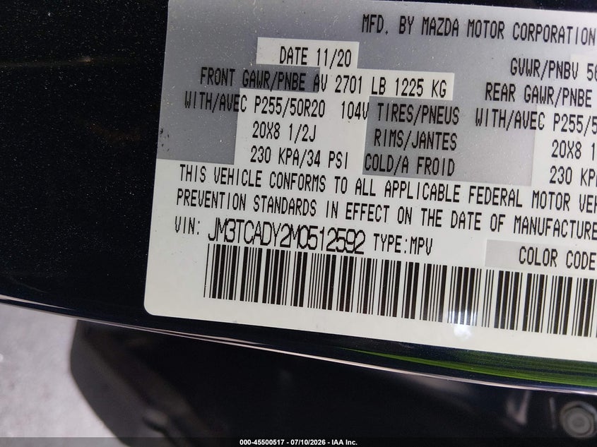 2021 Mazda Cx-9 VIN JM3TCADY2M0512592 IAAI salvage auction — REAR END, Salvage Title, sold $2,100 on 2026-07-22 (photo 9)
