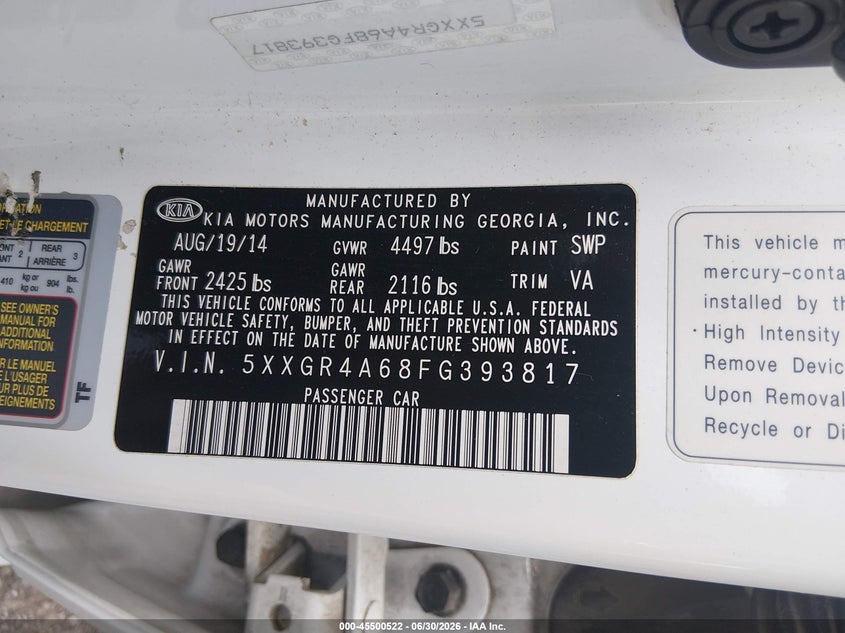 2015 Kia Optima VIN 5XXGR4A68FG393817 IAAI salvage auction — RIGHT SIDE, Salvage (Ohio), sold $1,175 on 2026-08-01 (photo 9)