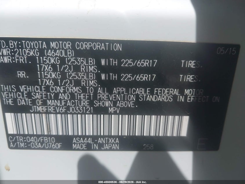 2015 Toyota Rav 4 VIN JTMBFREV6FJ033121 IAAI salvage auction — REAR END, Salvage Title, sold $4,550 on 2026-07-14 (photo 9)