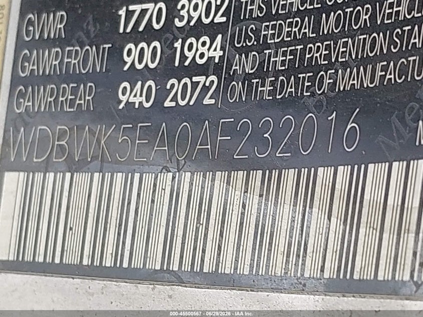 2010 Mercedes-benz Slk-class VIN WDBWK5EA0AF232016 IAAI salvage auction — NORMAL WEAR, Original (Texas), sold $375 on 2026-07-10 (photo 9)