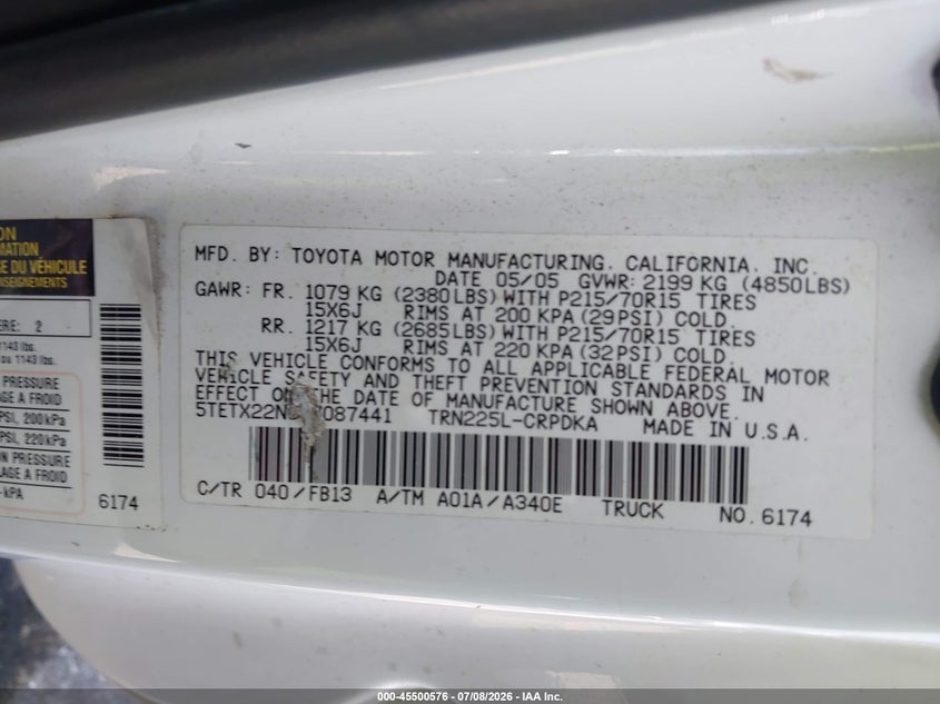 2005 Toyota Tacoma VIN 5TETX22N65Z087441 IAAI salvage auction — FRONT END, Rebuildable (Florida), sold $2,825 on 2026-07-20 (photo 9)