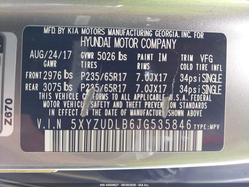 2018 Hyundai Santa fe VIN 5XYZUDLB6JG535846 IAAI salvage auction — LEFT REAR, Mv-907A (New York), sold $725 on 2026-07-23 (photo 9)