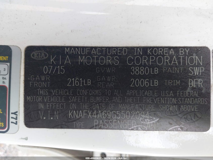 2016 Kia Forte VIN KNAFX4A69G5502094 IAAI salvage auction — NORMAL WEAR, Original (Texas), sold $800 on 2026-07-15 (photo 9)