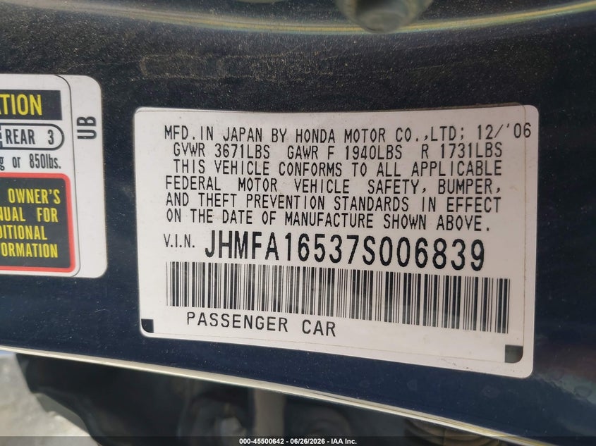 2007 Honda Civic VIN JHMFA16537S006839 IAAI salvage auction — NORMAL WEAR, Clear - Dealer Only (California), sold $1,200 on 2026-07-14 (photo 9)