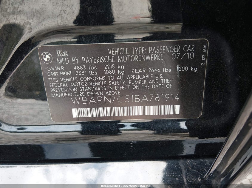 2011 BMW 3er VIN WBAPN7C51BA781914 IAAI salvage auction — RIGHT SIDE, Salvage (Tennessee), sold $1,850 on 2026-08-03 (photo 9)