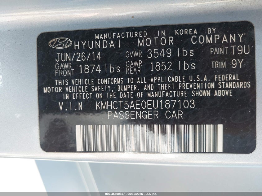 2014 Hyundai Accent VIN KMHCT5AE0EU187103 IAAI salvage auction — LEFT SIDE, Salvage - Greater Than 75% (Maryland), sold $325 on 2026-07-21 (photo 9)