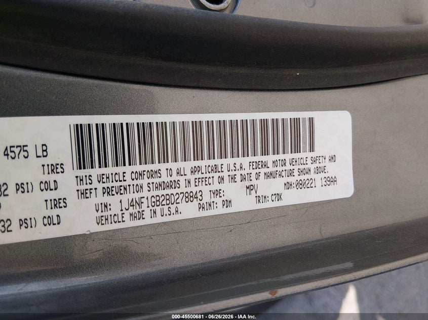 2011 Jeep Patriot VIN 1J4NF1GB2BD278843 IAAI salvage auction — NORMAL WEAR, Certificate Of Title (Nebraska), sold $800 on 2026-07-22 (photo 9)