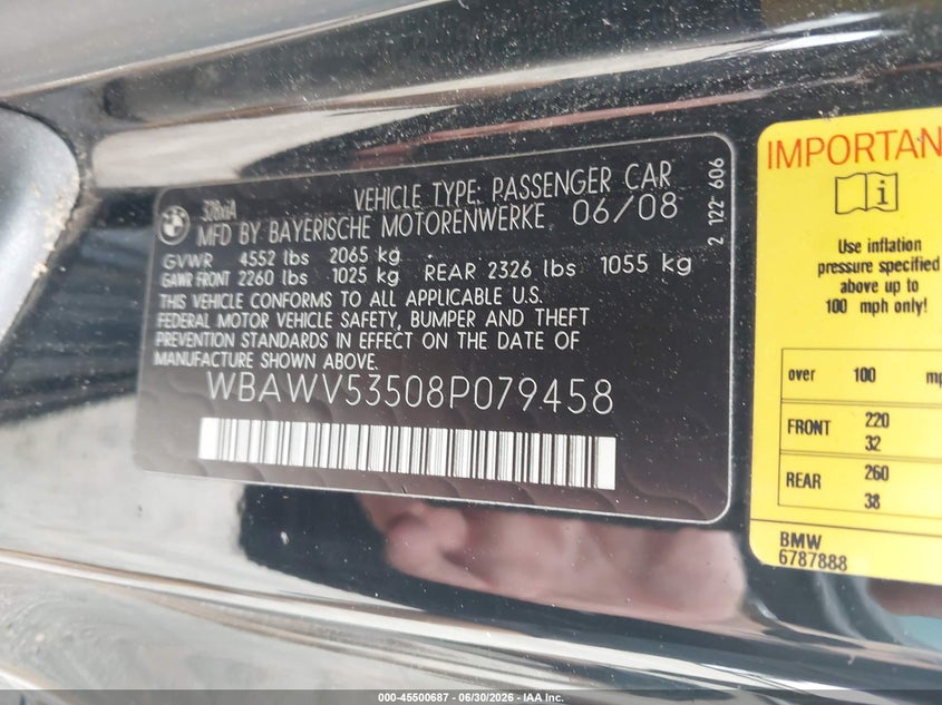 2008 BMW 3 series VIN WBAWV53508P079458 IAAI salvage auction — FRONT END, Mv-907A (New York), sold $450 on 2026-07-07 (photo 9)