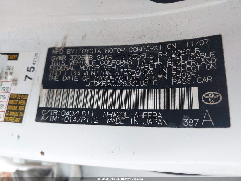 2008 Toyota Prius VIN JTDKB20U283350810 IAAI salvage auction — NORMAL WEAR, Clear-Dealer Only (North Carolina), sold $1,850 on 2026-07-13 (photo 9)