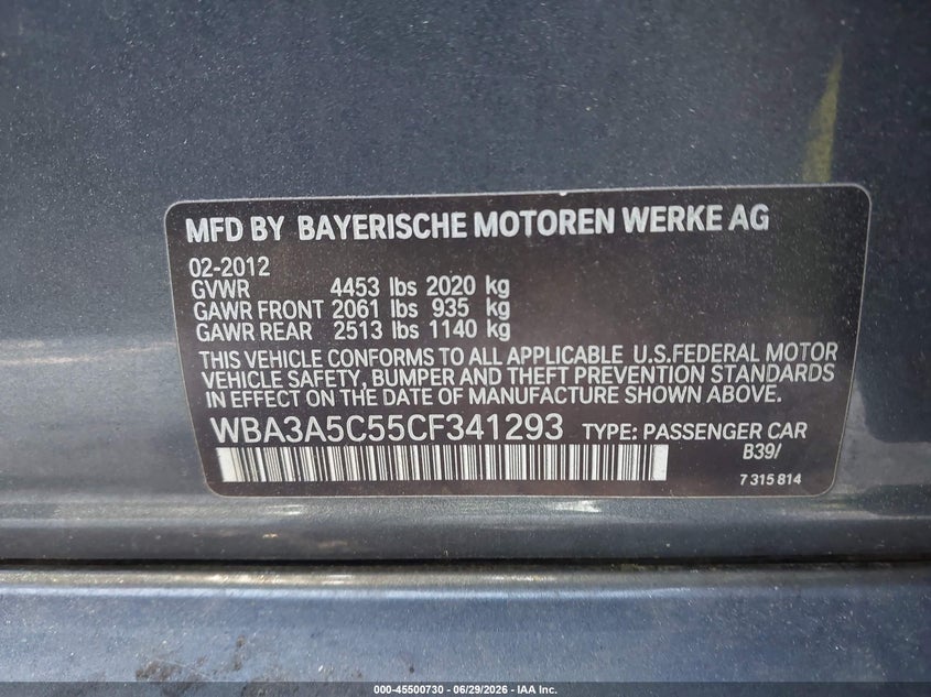 2012 BMW 3er VIN WBA3A5C55CF341293 IAAI salvage auction — NORMAL WEAR, Clear (Georgia), sold $275 on 2026-07-10 (photo 9)