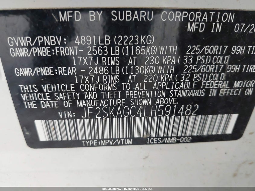 2020 Subaru Forester VIN JF2SKAGC4LH591482 IAAI salvage auction — FRONT END, Mv-907A (New York), sold $2,600 on 2026-07-15 (photo 9)