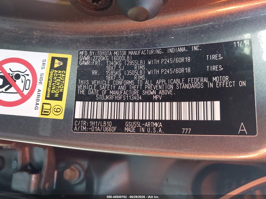 2015 Toyota Highlander VIN 5TDJKRFH9FS113404 IAAI salvage auction — SUSPENSION, Mv-907A (New York), sold $6,600 on 2026-07-30 (photo 9)