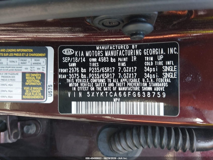 2015 Kia Sorento VIN 5XYKTCA66FG638759 IAAI salvage auction — NORMAL WEAR, Clear (Pennsylvania), sold $1,450 on 2026-07-31 (photo 9)