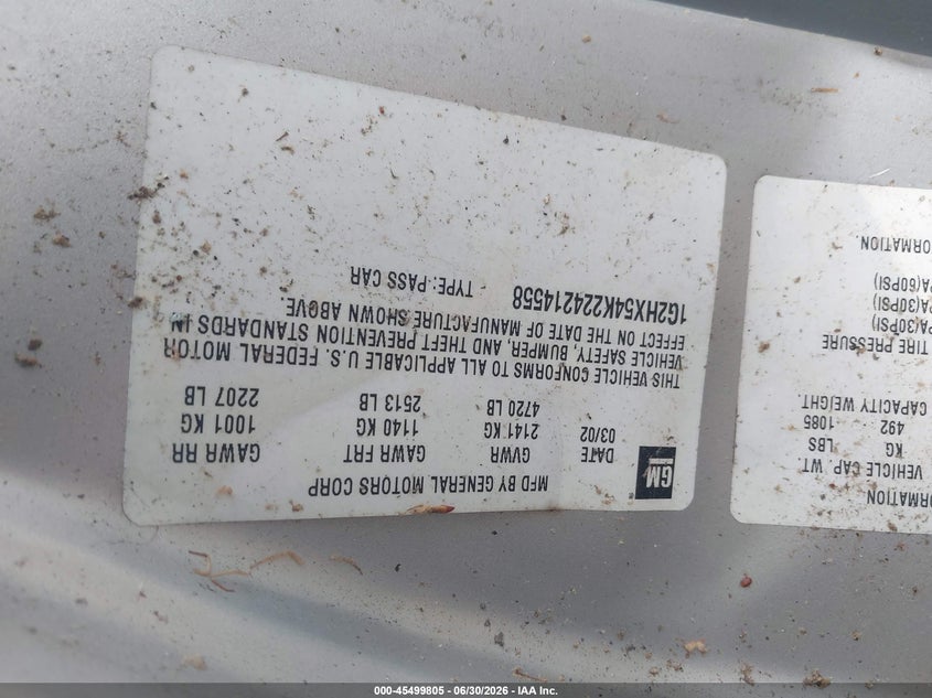 2002 Pontiac Bonneville VIN 1G2HX54K224214558 IAAI salvage auction — FRONT END, Clear (South Carolina), sold $25 on 2026-07-07 (photo 9)