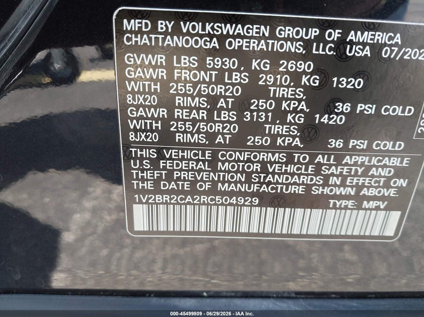 2024 Volkswagen Atlas VIN 1V2BR2CA2RC504929 IAAI salvage auction — REAR END, Rebuildable (Florida), sold $14,450 on 2026-07-30 (photo 9)