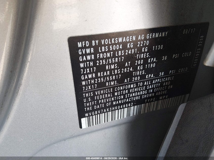 2017 Volkswagen Tiguan VIN WVGBV7AX3HK046562 IAAI salvage auction — REAR END, Salvage (Connecticut), sold $875 on 2026-07-30 (photo 9)