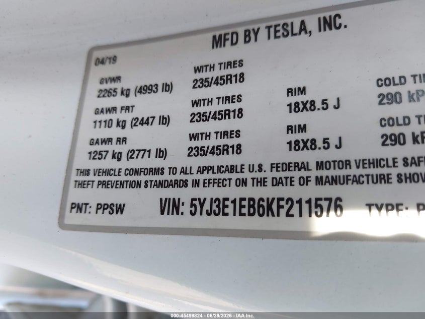 2019 Tesla Model 3 VIN 5YJ3E1EB6KF211576 IAAI salvage auction — FRONT END, Salvage Title, sold $5,900 on 2026-07-16 (photo 9)