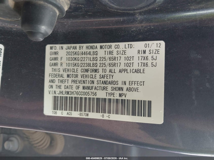 2012 Honda Cr-v VIN JHLRM3H76CC005756 IAAI salvage auction — FRONT END, Salvage (Kansas), sold $1,900 on 2026-07-31 (photo 9)