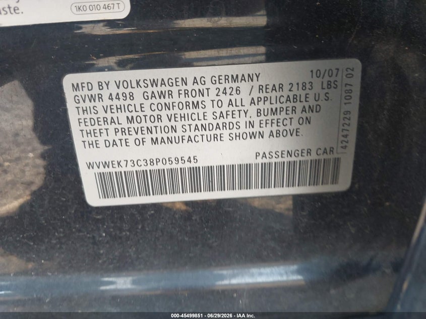2008 Volkswagen Passat VIN WVWEK73C38P059545 IAAI salvage auction — RIGHT SIDE, Salvage (South Carolina), sold $175 on 2026-08-05 (photo 9)