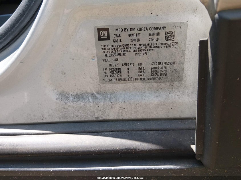 2018 Chevrolet Trax VIN KL7CJLSB2JB581837 IAAI salvage auction — FRONT END, Salvage (Louisiana), sold $275 on 2026-07-29 (photo 9)