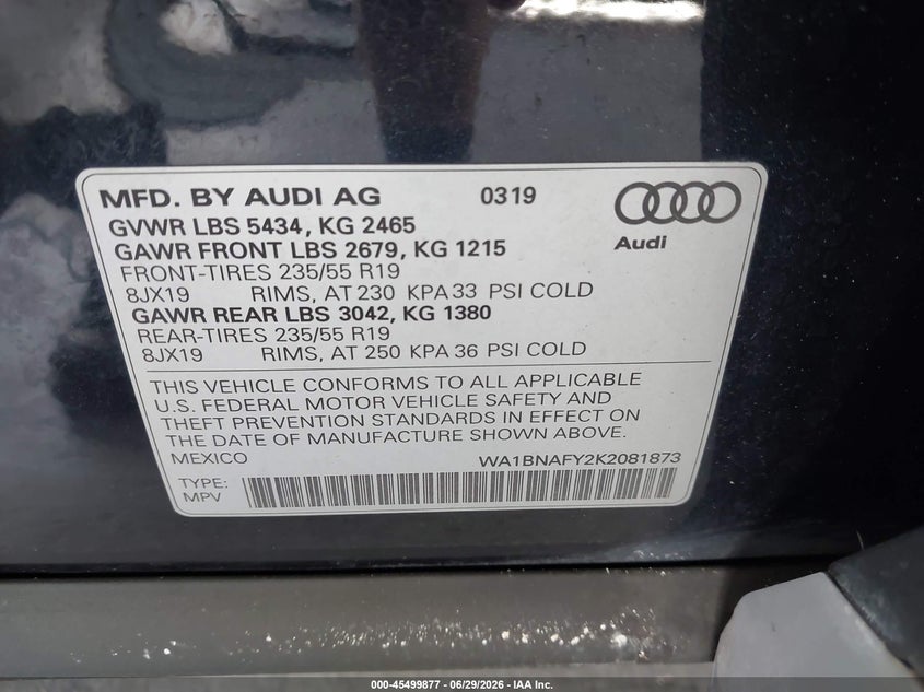 2019 Audi Q5 VIN WA1BNAFY2K2081873 IAAI salvage auction — RIGHT SIDE, Wait Title, sold $5,950 on 2026-08-27 (photo 9)